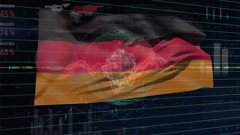 Animation-of-financial-data-processing-with-globe-over-flag-of-germany-on-black-background