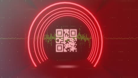 Animation-of-qr-code-in-circular-tunnel-over-graphs-against-abstract-background