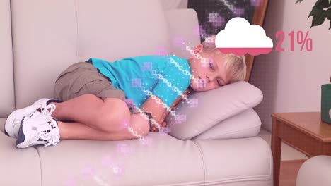 Animation-of-dna-strand-with-cloud-icon-over-caucasian-boy-laying-on-sofa