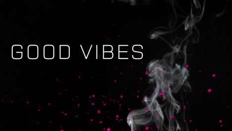 Animation-of-good-vibes-text-over-smoke-and-light-spots-on-black-background