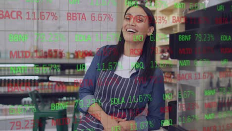 Animation-of-numbers-and-data-processing-over-biracial-woman-smiling-in-shop
