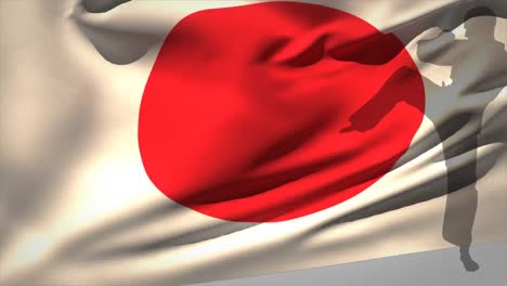 Animation-of-martial-artist-silhouettes-over-flag-of-japan