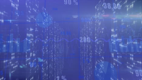 Animation-Der-Statistischen-Datenverarbeitung-über-Bildschirme-Mit-Mosaikquadraten-Vor-Blauem-Hintergrund