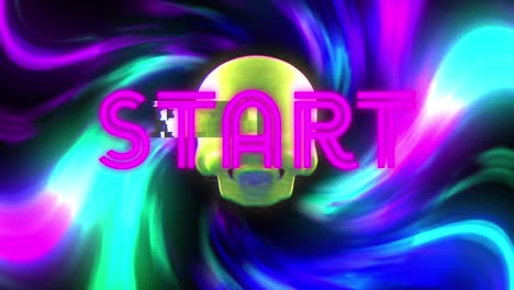 Animation-of-start-text-over-skull-and-light-trails-on-black-background