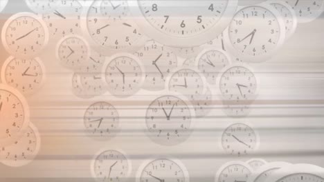 Animation-of-multiple-clocks-moving-over-stripes-on-white-background