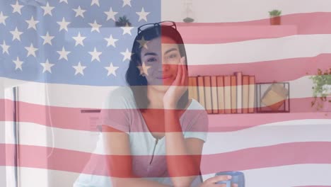 Animation-Der-Flagge-Der-USA-über-Dem-Porträt-Einer-Biracial-Frau