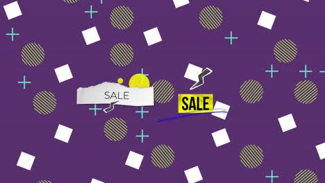 Animation-of-sale-text-over-shapes-on-purple-background