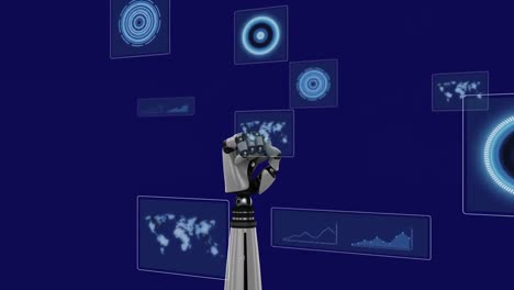 Animation-of-robots-hand,-scopes-scanning-and-data-processing-over-screens-on-dark-background
