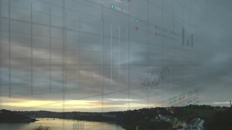 Animation-of-stock-market-data-processing-over-landscape-with-fields-and-cloudy-sky