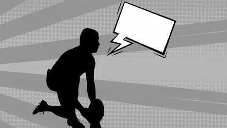 Animation-of-rugby-player-silhouette-with-speech-bubble-over-shapes-on-grey-background