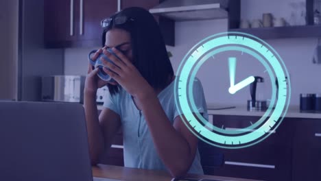 Animation-of-clock-and-data-processing-over-woman-using-laptop