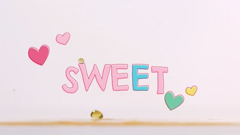 Animation-of-sweet-text-over-liquid-on-white-background
