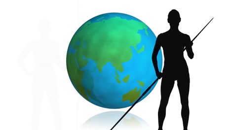 Animation-of-juvelin-thrower-silhouettes-over-globe-on-white-background