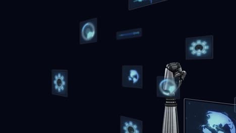 Animation-of-robots-hand,-scopes-scanning-and-data-processing-over-screens-on-dark-background
