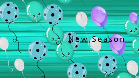 Animation-Des-Textes-Der-Neuen-Saison-über-Luftballons-Auf-Grünem-Hintergrund