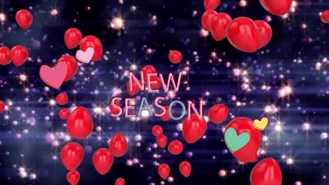 Animation-of-new-season-text-over-balloons-and-spots-on-black-background
