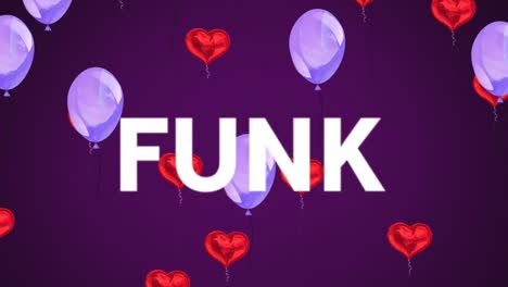 Animation-of-funk-text-over-balloons-and-hearts-on-purple-background