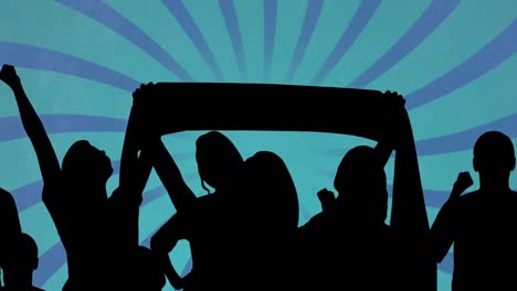 Animation-of-supporters-silhouettes-over-shapes-on-blue-background