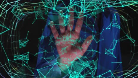 Animation-of-biometric-hand-check,-connections-and-data-processing-on-dark-background