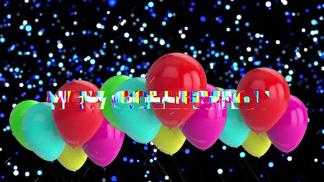 Animation-Des-Textes-Der-Neuen-Kollektion-über-Luftballons-Und-Flecken-Auf-Schwarzem-Hintergrund