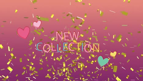 Animation-of-new-collection-text-over-confetti-and-hearts-on-purple-background