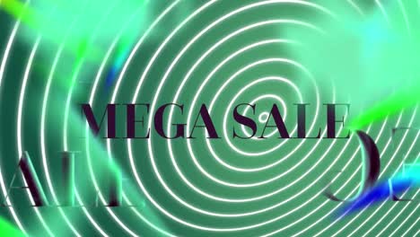 Animation-of-mega-sale-text-over-shapes-on-green-background