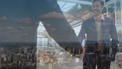 Animation-of-diverse-businesspeople-shaking-hands-over-modern-cityscape-against-cloudy-sky