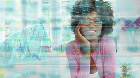 Animation-of-financial-data-processing-over-african-american-woman