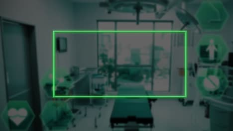 Animation-Von-Neonrahmen-Und-Medizinischen-Symbolen-über-Dem-Krankenhauszimmer