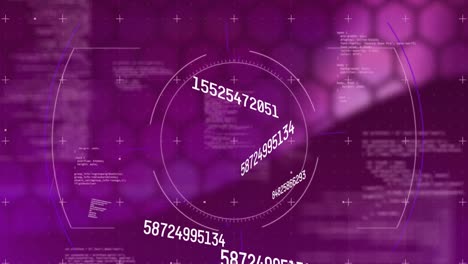 Animation-of-data-processing-and-scope-scanning-on-purple-background