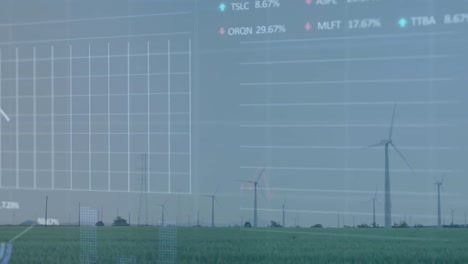 Animation-of-graphs-and-trading-board-over-rotating-windmills-on-green-field-against-clear-sky
