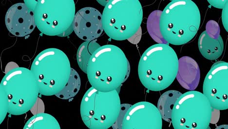 Animation-of-multiple-blue-and-purple-balloons-on-black-background