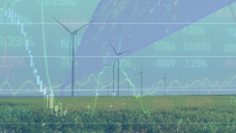 Animation-of-trading-board-and-graphs-over-rotating-windmills-on-green-fields