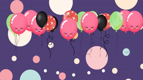 Animation-Mehrerer-Bunter-Luftballons-über-Flecken-Auf-Violettem-Hintergrund