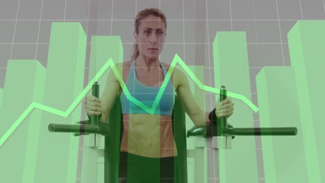 Animation-of-green-line-and-financial-data-processing-over-caucasian-woman-exercising-in-gym