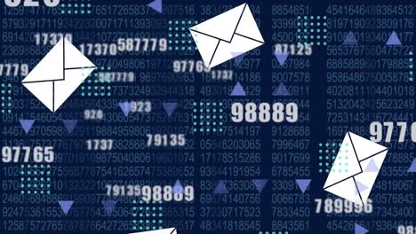 Animation-of-data-processing-and-numbers-over-email-envelope-icons