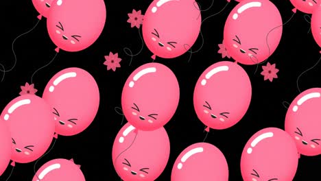 Animation-Mehrerer-Rosa-Luftballons-über-Blumen-Auf-Schwarzem-Hintergrund