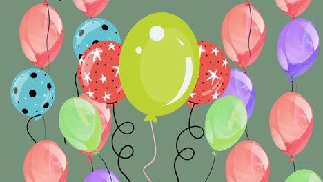 Animation-of-multiple-colorful-balloons-on-green-background