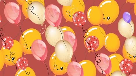 Animation-Mehrerer-Orangefarbener-Und-Rosa-Luftballons-Auf-Rotem-Hintergrund