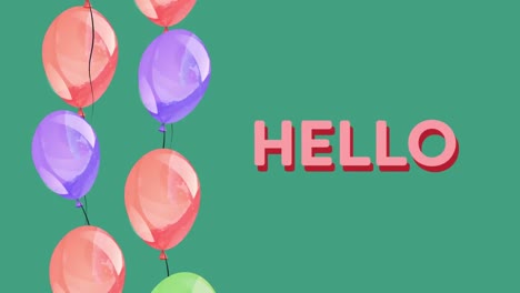 Animation-of-hello-text-over-colorful-balloons-on-green-background