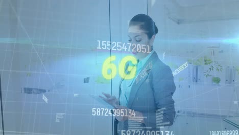 Animation-of-data-processing-and-6g-text-over-caucasian-businesswoman-in-office