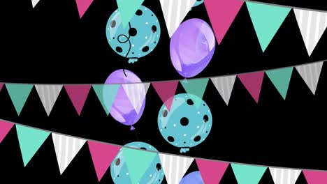 Animation-of-colorful-flags-over-balloons-on-black-background