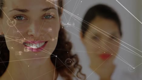 Animation-of-network-of-connections-and-data-processing-over-close-up-of-caucasian-woman-smiling