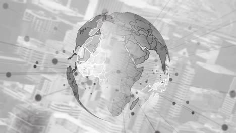 Animation-Von-Verbindungspunkten-über-Einem-Sich-Drehenden-Globus-Vor-Dem-Hintergrund-Einer-Luftaufnahme-Des-Stadtbildes