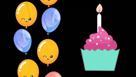 Animation-Eines-Cupcakes-Mit-Kerze-Und-Luftballons-Auf-Schwarzem-Hintergrund