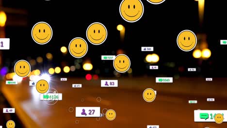 Animation-of-social-media-icons-with-numbers-over-street-with-cars