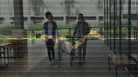 Animation-of-financial-data-processing-over-diverse-people-walking-with-bikes