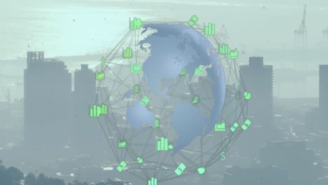 Animation-of-network-of-digital-icons-over-spinning-globe-against-aerial-view-of-cityscape