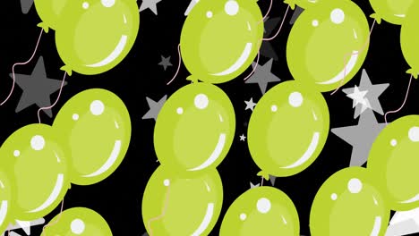 Animation-of-multiple-green-balloons-over-stars-on-black-background