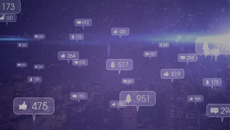 Animation-of-social-media-icons-with-numbers-over-fireworks-and-cityscape